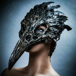 Brown Raven Skull Long Nose w/ Feather Party Mask
